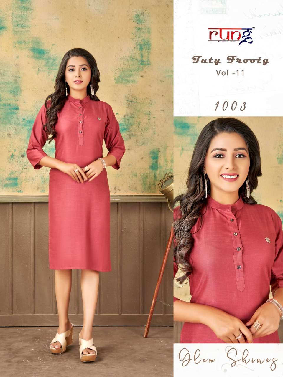 TUTY FRUITY VOL-11 BY RUNG 1001 TO 1010 SERIES DESIGNER STYLISH FANCY COLORFUL BEAUTIFUL PARTY WEAR & ETHNIC WEAR COLLECTION PURE RAYON KURTIS AT WHOLESALE PRICE