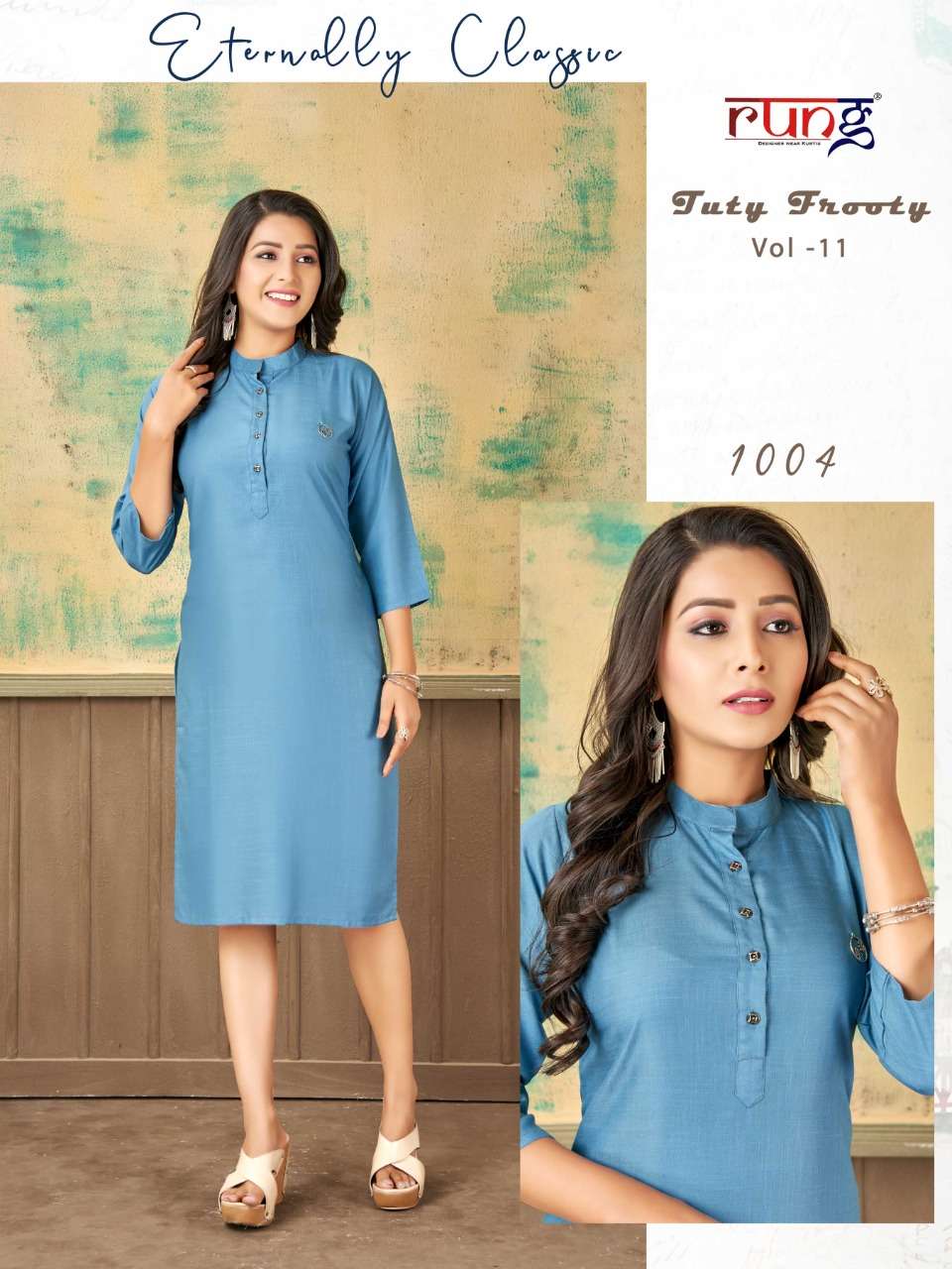 TUTY FRUITY VOL-11 BY RUNG 1001 TO 1010 SERIES DESIGNER STYLISH FANCY COLORFUL BEAUTIFUL PARTY WEAR & ETHNIC WEAR COLLECTION PURE RAYON KURTIS AT WHOLESALE PRICE