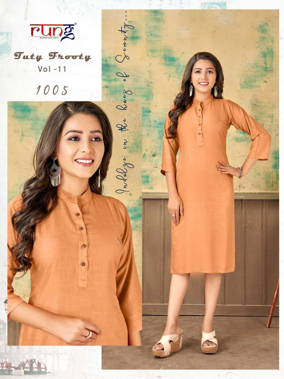 TUTY FRUITY VOL-11 BY RUNG 1001 TO 1010 SERIES DESIGNER STYLISH FANCY COLORFUL BEAUTIFUL PARTY WEAR & ETHNIC WEAR COLLECTION PURE RAYON KURTIS AT WHOLESALE PRICE