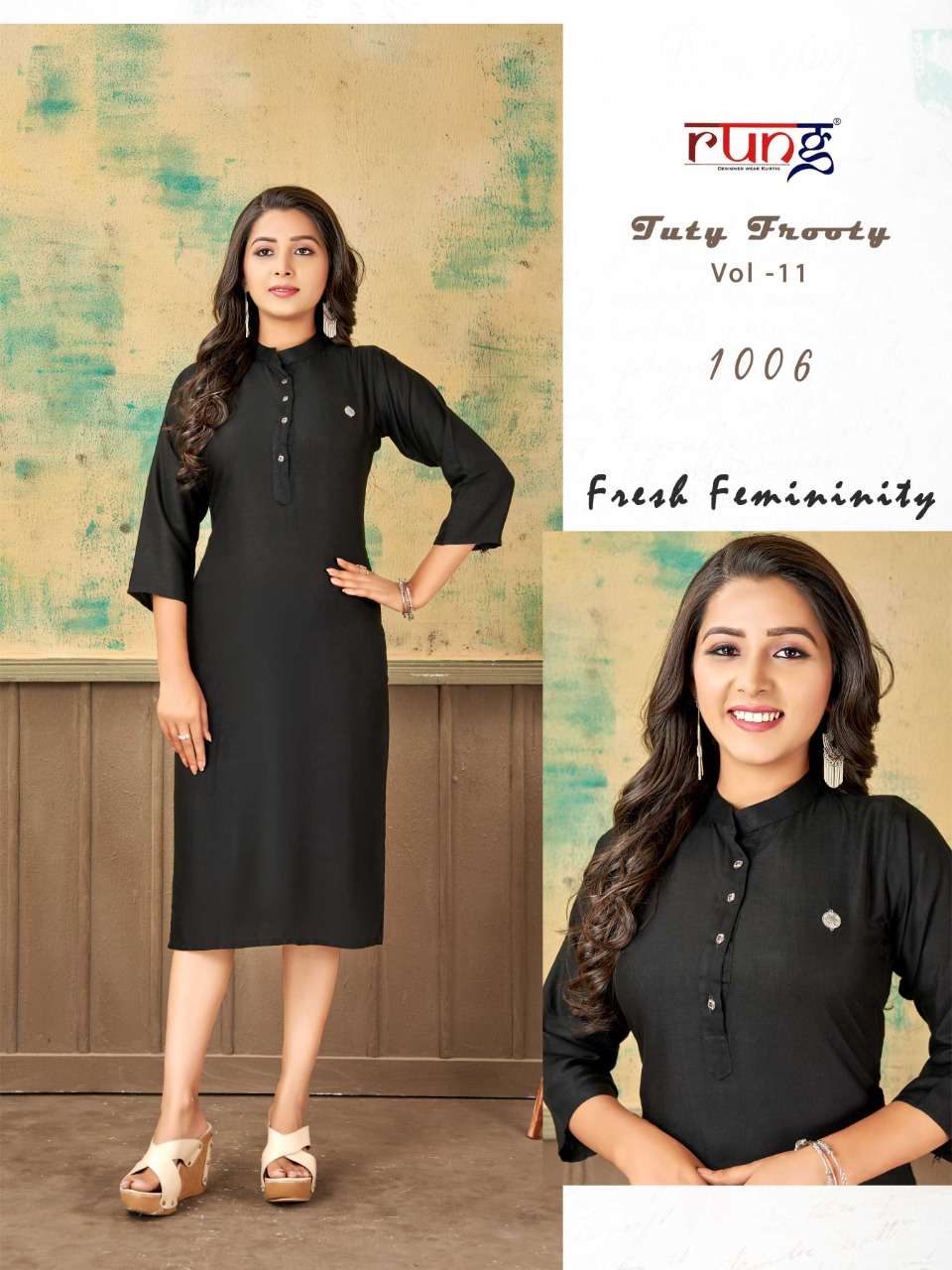 TUTY FRUITY VOL-11 BY RUNG 1001 TO 1010 SERIES DESIGNER STYLISH FANCY COLORFUL BEAUTIFUL PARTY WEAR & ETHNIC WEAR COLLECTION PURE RAYON KURTIS AT WHOLESALE PRICE