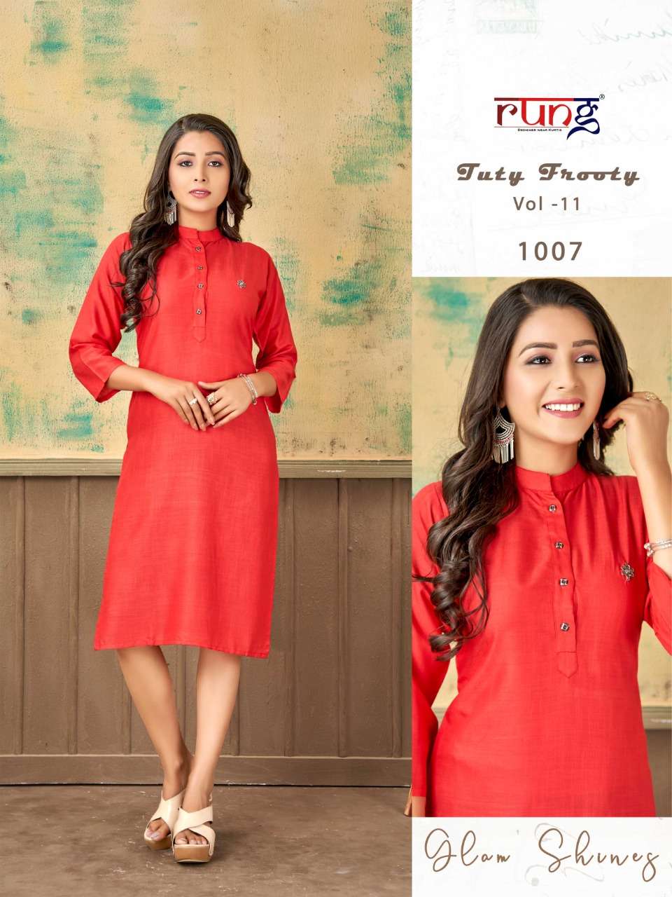 TUTY FRUITY VOL-11 BY RUNG 1001 TO 1010 SERIES DESIGNER STYLISH FANCY COLORFUL BEAUTIFUL PARTY WEAR & ETHNIC WEAR COLLECTION PURE RAYON KURTIS AT WHOLESALE PRICE