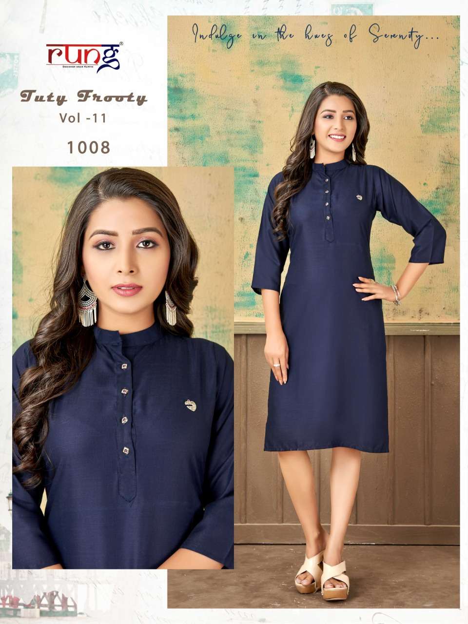 TUTY FRUITY VOL-11 BY RUNG 1001 TO 1010 SERIES DESIGNER STYLISH FANCY COLORFUL BEAUTIFUL PARTY WEAR & ETHNIC WEAR COLLECTION PURE RAYON KURTIS AT WHOLESALE PRICE