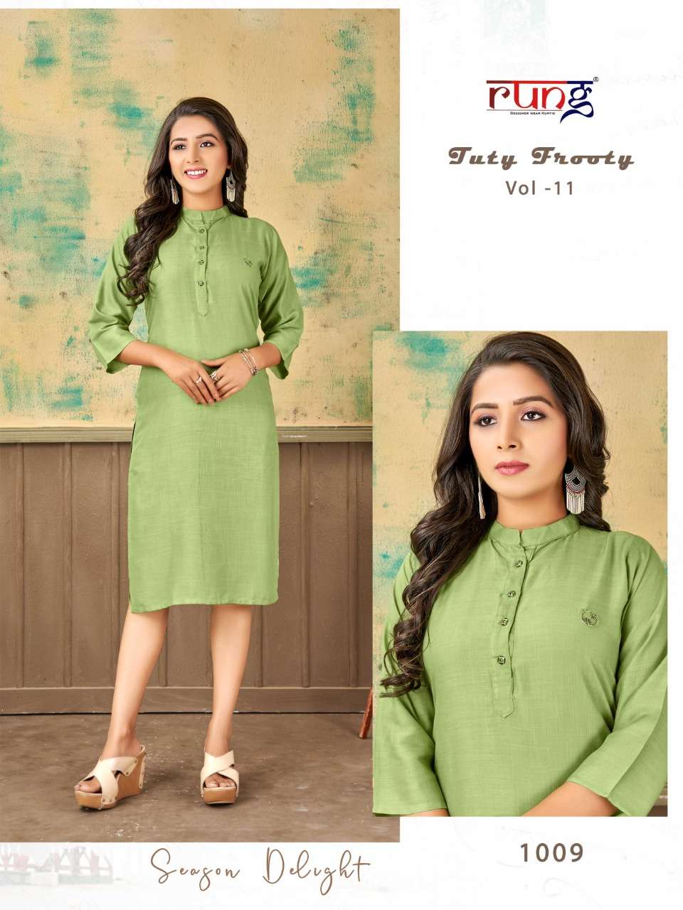 TUTY FRUITY VOL-11 BY RUNG 1001 TO 1010 SERIES DESIGNER STYLISH FANCY COLORFUL BEAUTIFUL PARTY WEAR & ETHNIC WEAR COLLECTION PURE RAYON KURTIS AT WHOLESALE PRICE