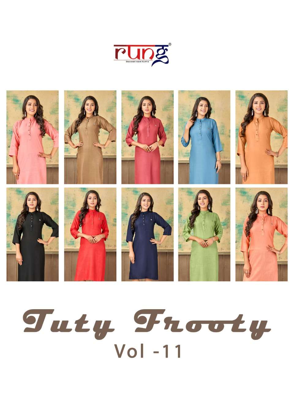 TUTY FRUITY VOL-11 BY RUNG 1001 TO 1010 SERIES DESIGNER STYLISH FANCY COLORFUL BEAUTIFUL PARTY WEAR & ETHNIC WEAR COLLECTION PURE RAYON KURTIS AT WHOLESALE PRICE