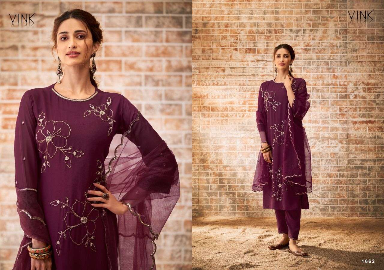 ZIA BY VINK 1661 TO 1666 SERIES BEAUTIFUL SUITS COLORFUL STYLISH FANCY CASUAL WEAR & ETHNIC WEAR GEORGETTE EMBROIDERED DRESSES AT WHOLESALE PRICE