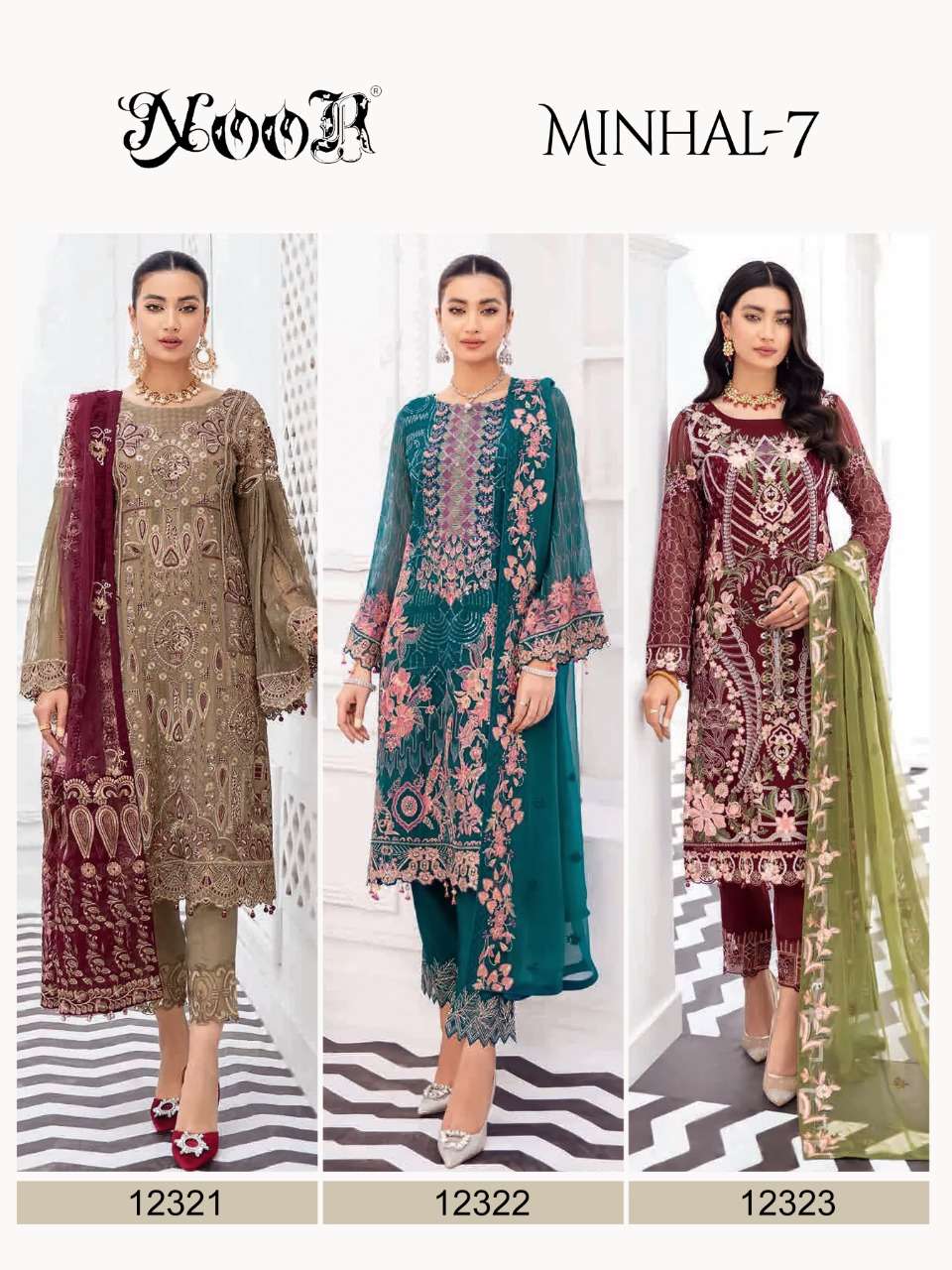 MINHAL VOL-7 BY NOOR 12321 TO 12323 SERIES BEAUTIFUL PAKISTANI SUITS STYLISH FANCY COLORFUL PARTY WEAR & OCCASIONAL WEAR FAUX GEORGETTE EMBROIDERED DRESSES AT WHOLESALE PRICE