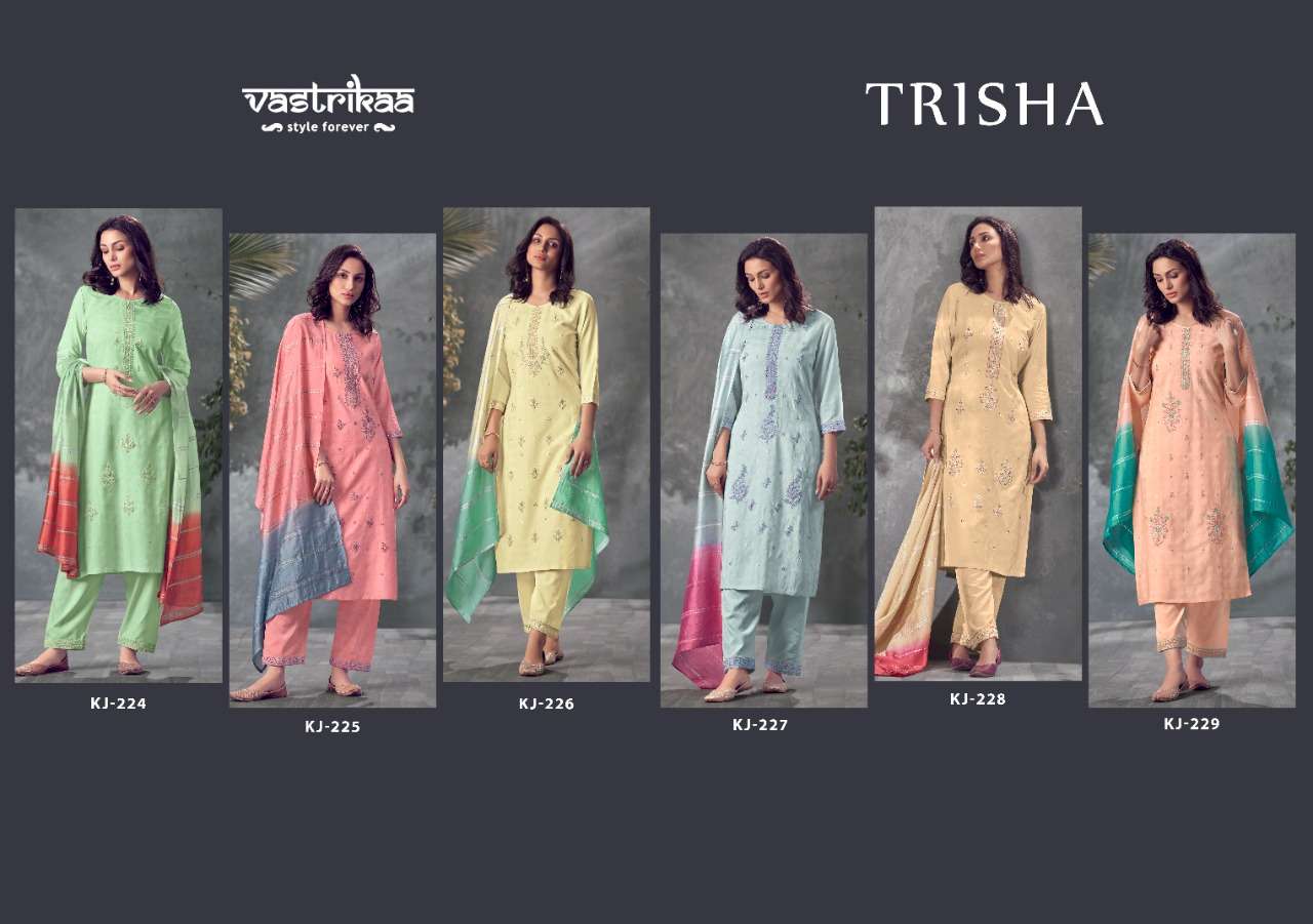TRISHA BY VASTRIKAA 224 TO 229 SERIES BEAUTIFUL SUITS COLORFUL STYLISH FANCY CASUAL WEAR & ETHNIC WEAR VISCOSE DOBY DRESSES AT WHOLESALE PRICE