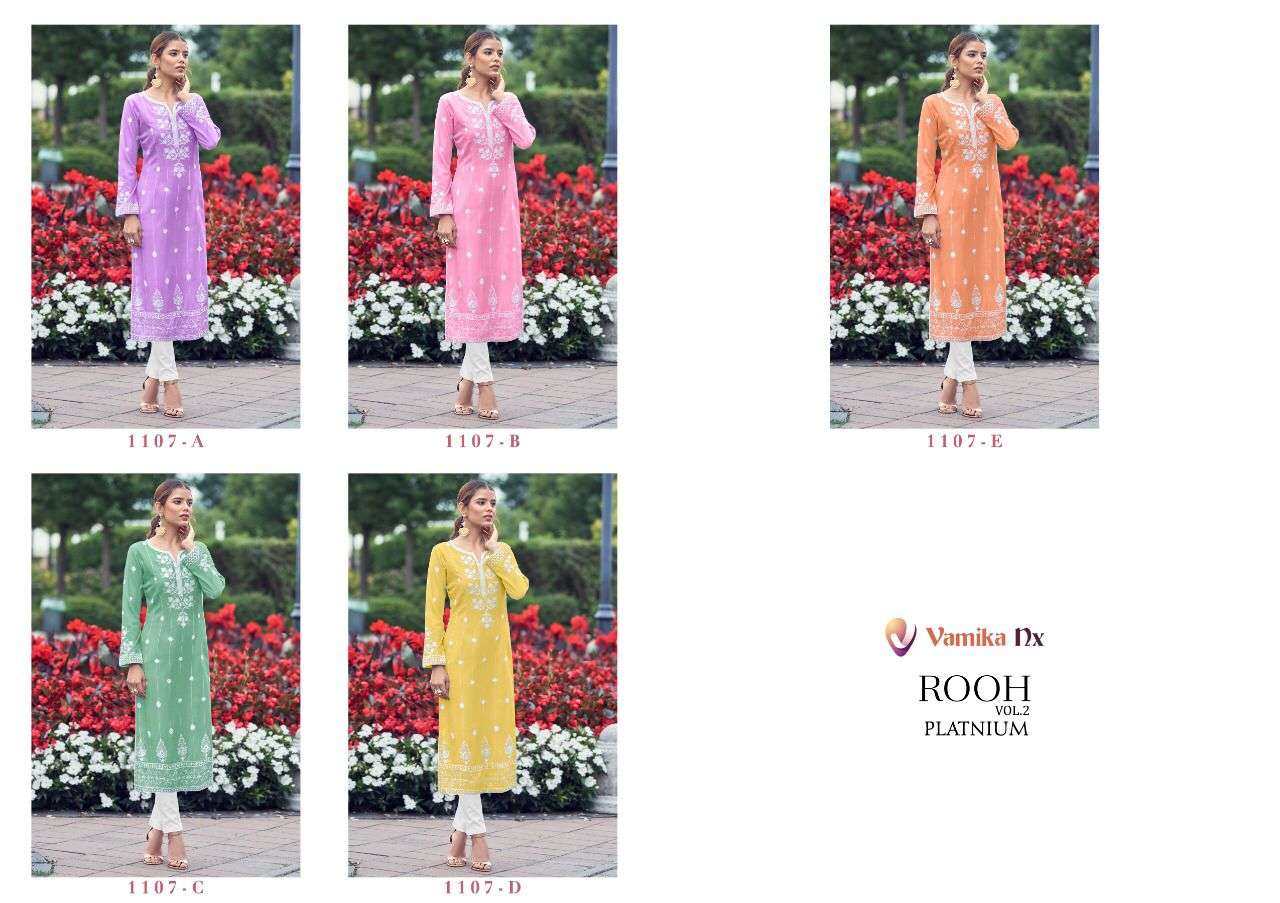 ROOH VOL-2 PLATINUM BY VAMIKA 1107-A TO 1107-E SERIES DESIGNER STYLISH FANCY COLORFUL BEAUTIFUL PARTY WEAR & ETHNIC WEAR COLLECTION VISCOSE RAYON KURTIS WITH BOTTOM AT WHOLESALE PRICE