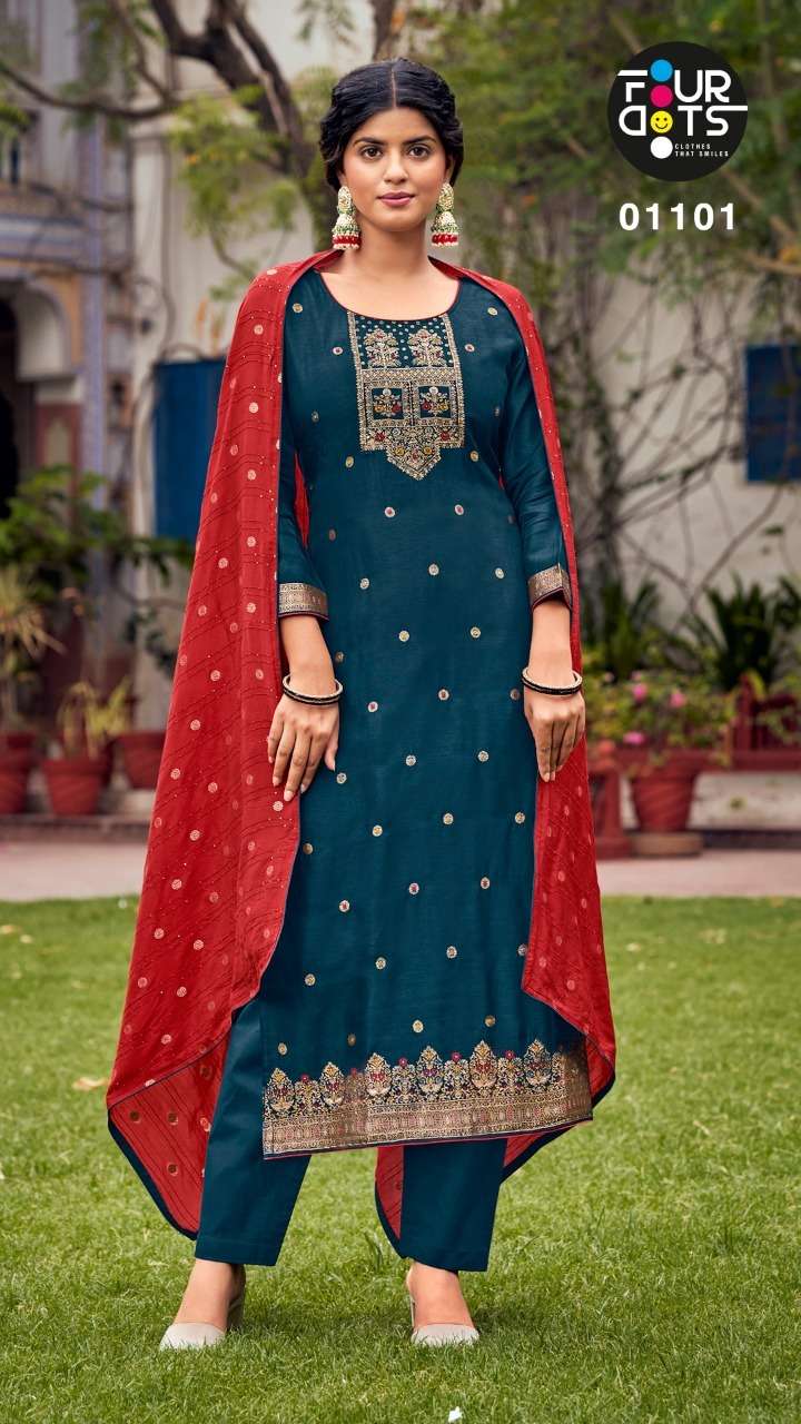KHANAK BY FOUR DOTS 1101 TO 1104 SERIES BEAUTIFUL SUITS COLORFUL STYLISH FANCY CASUAL WEAR & ETHNIC WEAR MUSLIN DOLA JACQUARD DRESSES AT WHOLESALE PRICE
