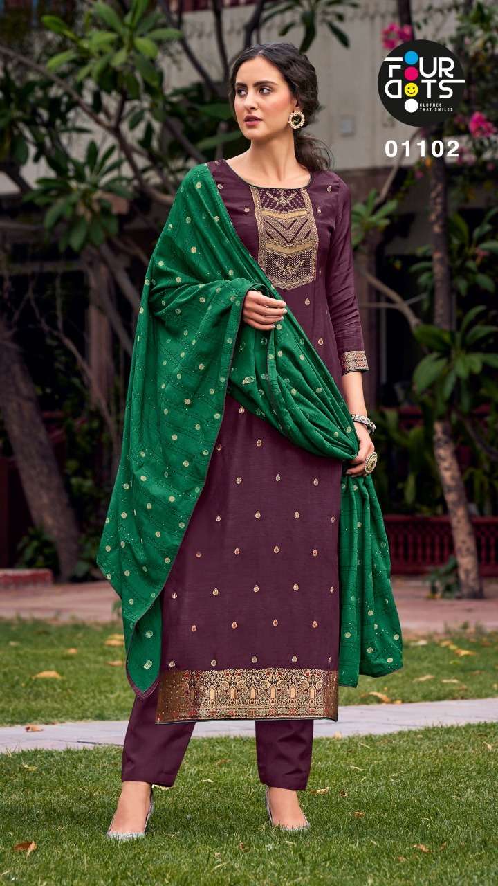 KHANAK BY FOUR DOTS 1101 TO 1104 SERIES BEAUTIFUL SUITS COLORFUL STYLISH FANCY CASUAL WEAR & ETHNIC WEAR MUSLIN DOLA JACQUARD DRESSES AT WHOLESALE PRICE