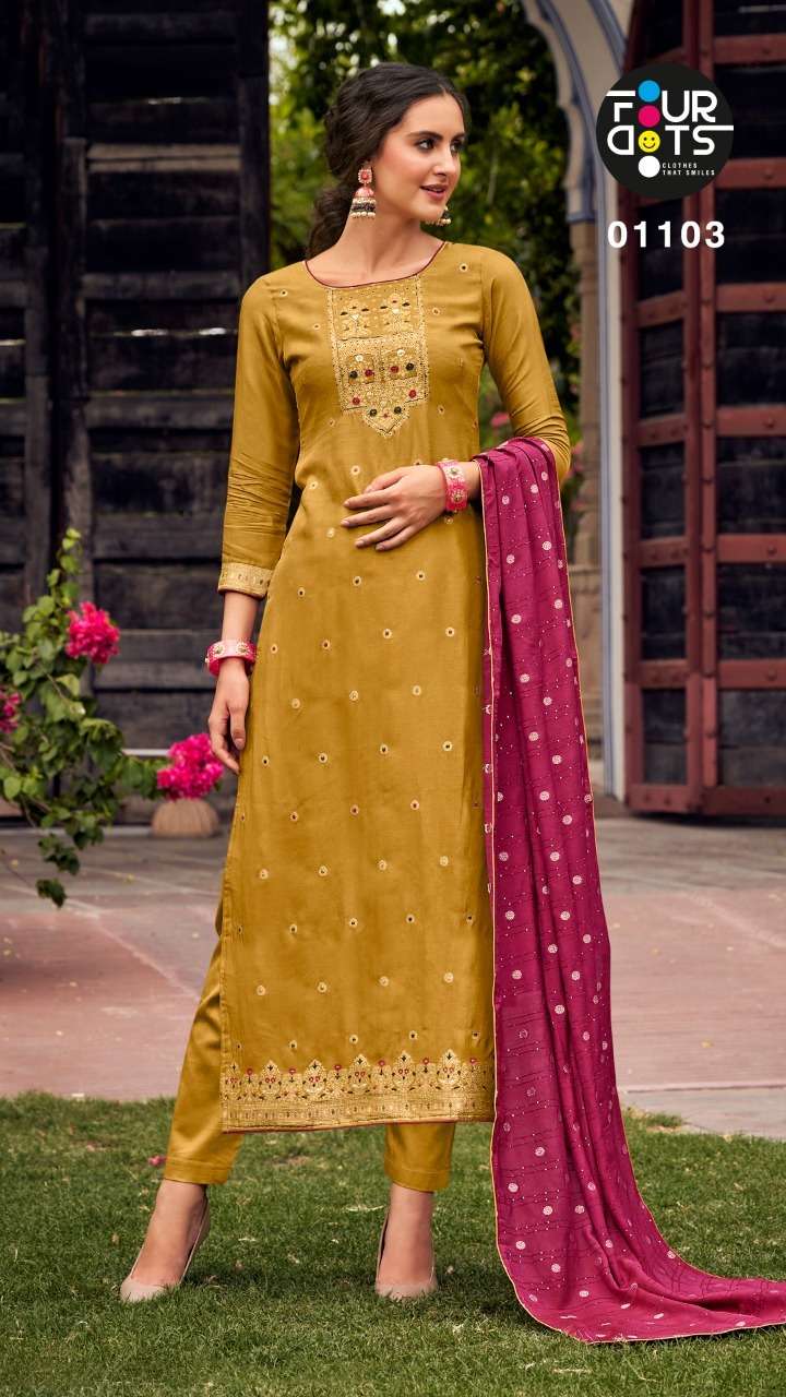 KHANAK BY FOUR DOTS 1101 TO 1104 SERIES BEAUTIFUL SUITS COLORFUL STYLISH FANCY CASUAL WEAR & ETHNIC WEAR MUSLIN DOLA JACQUARD DRESSES AT WHOLESALE PRICE