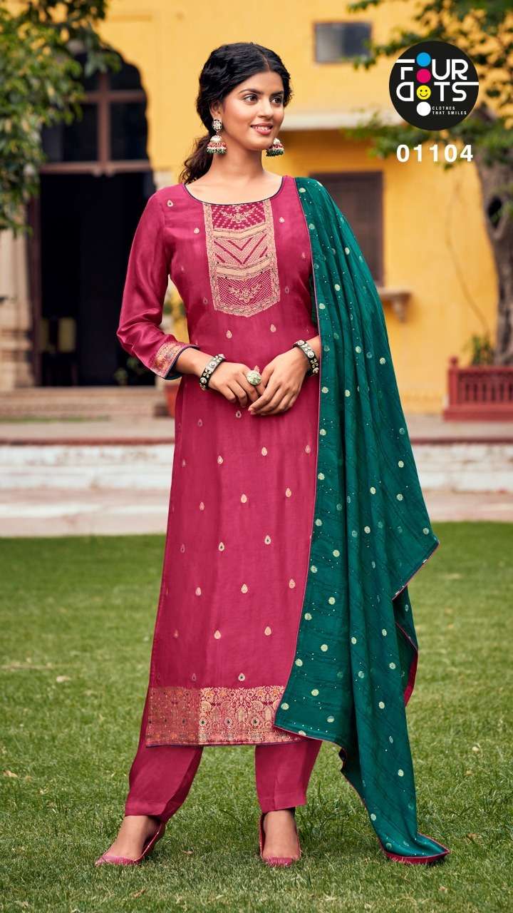 KHANAK BY FOUR DOTS 1101 TO 1104 SERIES BEAUTIFUL SUITS COLORFUL STYLISH FANCY CASUAL WEAR & ETHNIC WEAR MUSLIN DOLA JACQUARD DRESSES AT WHOLESALE PRICE