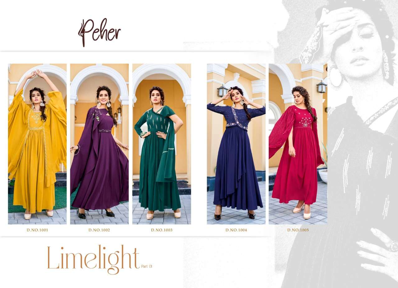 LIMELIGHT BY FASHID WHOLESALE 1001 TO 1005 SERIES BEAUTIFUL STYLISH FANCY COLORFUL CASUAL WEAR & ETHNIC WEAR HEAVY GEORGETTE GOWNS AT WHOLESALE PRICE