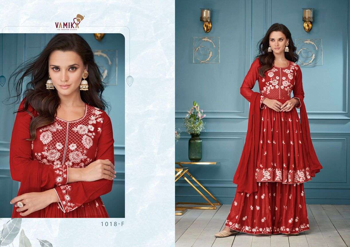 LAKHNAVI VOL-3 DARK COLOURS BY VAMIKA 1018-E TO 1018-H SERIES BEAUTIFUL SHARARA SUITS COLORFUL STYLISH FANCY CASUAL WEAR & ETHNIC WEAR RAYON WITH WORK DRESSES AT WHOLESALE PRICE