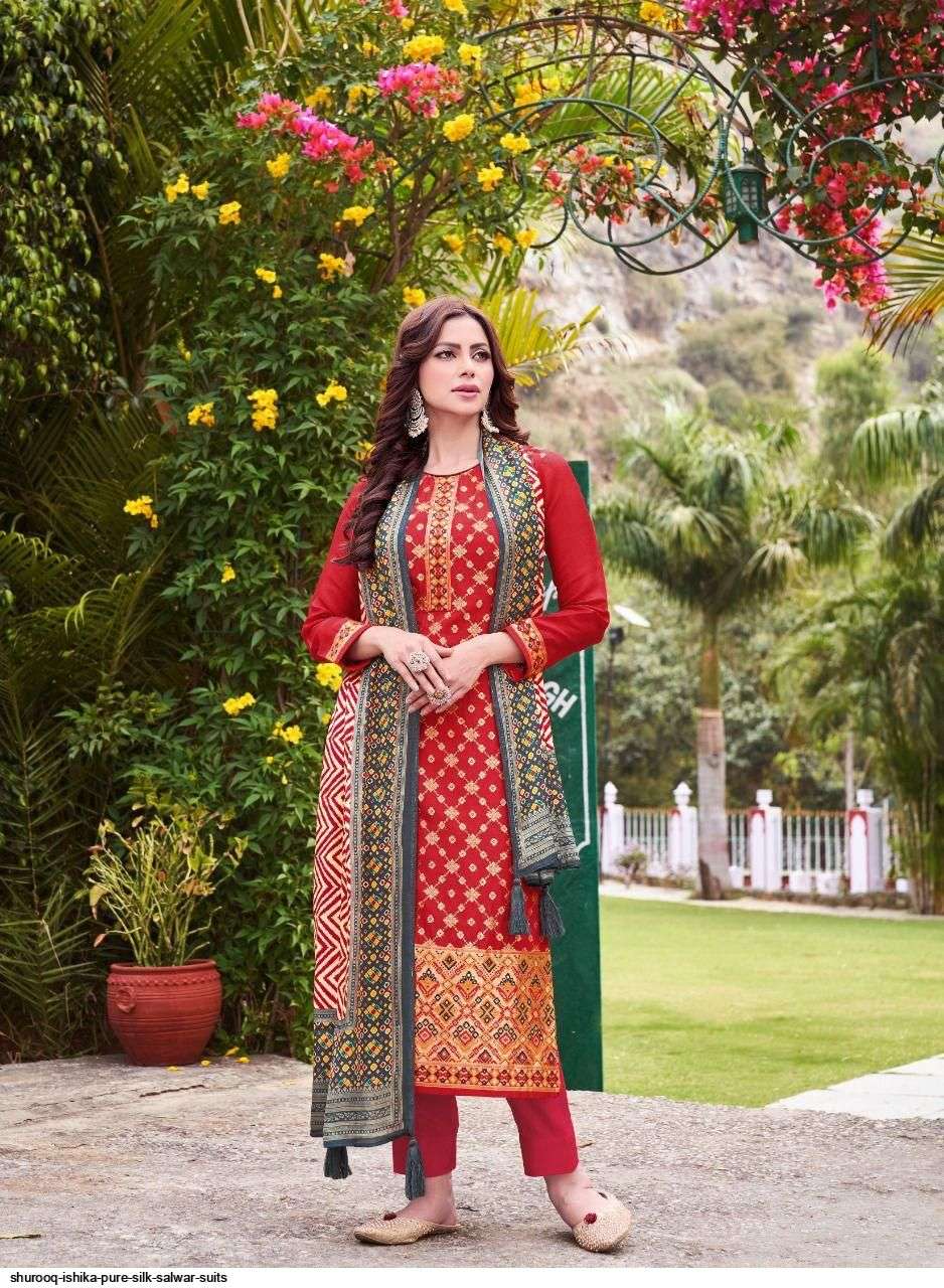 ISHIKA BY SHUROOQ 01 TO 04 SERIES BEAUTIFUL SUITS COLORFUL STYLISH FANCY CASUAL WEAR & ETHNIC WEAR SILK JQCAUARD DRESSES AT WHOLESALE PRICE