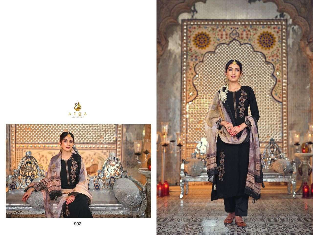 RASMO RIWAAZ BY AIQA 901 TO 908 SERIES BEAUTIFUL SUITS COLORFUL STYLISH FANCY CASUAL WEAR & ETHNIC WEAR MUSLIN SILK DRESSES AT WHOLESALE PRICE