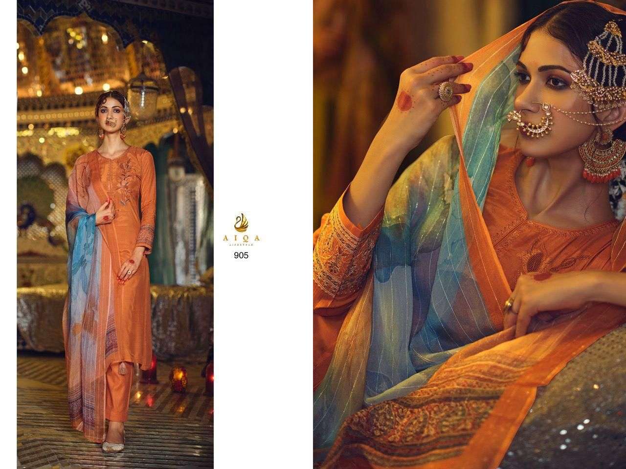 RASMO RIWAAZ BY AIQA 901 TO 908 SERIES BEAUTIFUL SUITS COLORFUL STYLISH FANCY CASUAL WEAR & ETHNIC WEAR MUSLIN SILK DRESSES AT WHOLESALE PRICE