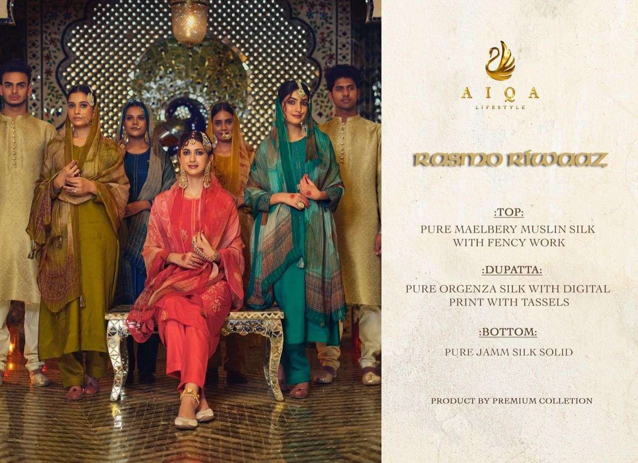 RASMO RIWAAZ BY AIQA 901 TO 908 SERIES BEAUTIFUL SUITS COLORFUL STYLISH FANCY CASUAL WEAR & ETHNIC WEAR MUSLIN SILK DRESSES AT WHOLESALE PRICE