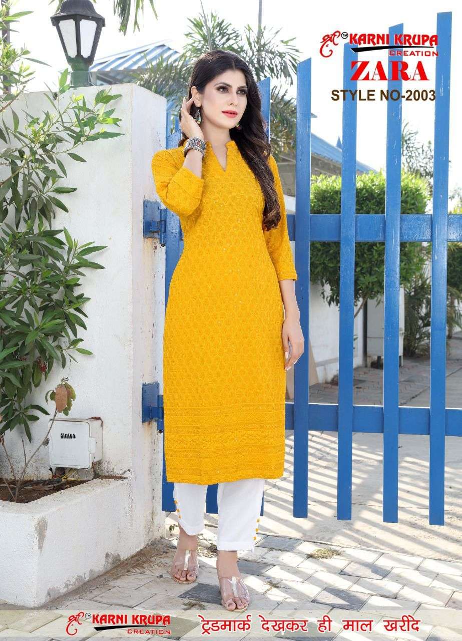 ZARA BY KARNI KRUPA CREATION 1001 TO 1008 SERIES DESIGNER STYLISH FANCY COLORFUL BEAUTIFUL PARTY WEAR & ETHNIC WEAR COLLECTION RAYON WITH WORK KURTIS WITH BOTTOM AT WHOLESALE PRICE