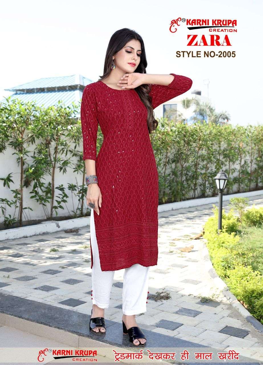 ZARA BY KARNI KRUPA CREATION 1001 TO 1008 SERIES DESIGNER STYLISH FANCY COLORFUL BEAUTIFUL PARTY WEAR & ETHNIC WEAR COLLECTION RAYON WITH WORK KURTIS WITH BOTTOM AT WHOLESALE PRICE