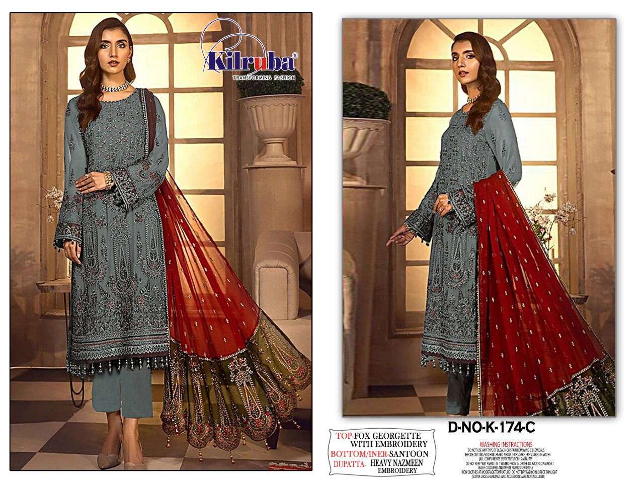 KILRUBA HIT DESIGN K-174 COLOURS BY KILRUBA K-174 TO K-174-E SERIES BEAUTIFUL STYLISH PAKISATNI SUITS FANCY COLORFUL CASUAL WEAR & ETHNIC WEAR & READY TO WEAR HEAVY GEORGETTE WITH EMBROIDERY DRESSES AT WHOLESALE PRICE