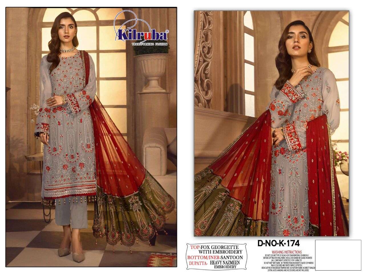 KILRUBA HIT DESIGN K-174 COLOURS BY KILRUBA K-174 TO K-174-E SERIES BEAUTIFUL STYLISH PAKISATNI SUITS FANCY COLORFUL CASUAL WEAR & ETHNIC WEAR & READY TO WEAR HEAVY GEORGETTE WITH EMBROIDERY DRESSES AT WHOLESALE PRICE