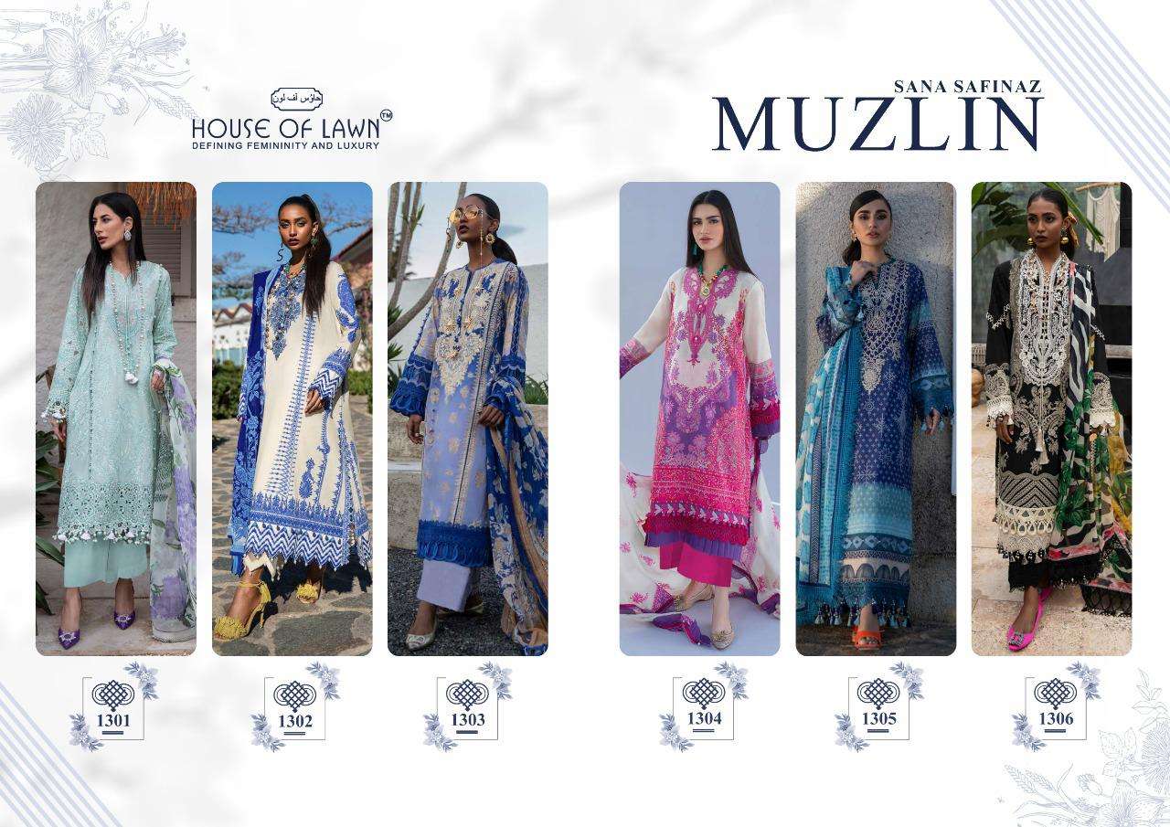 SANA SAFINA MUZLIN BY HOUSE OF LAWN 1301 TO 1306 SERIES BEAUTIFUL SUITS COLORFUL STYLISH FANCY CASUAL WEAR & ETHNIC WEAR PURE LAWN PRINT DRESSES AT WHOLESALE PRICE