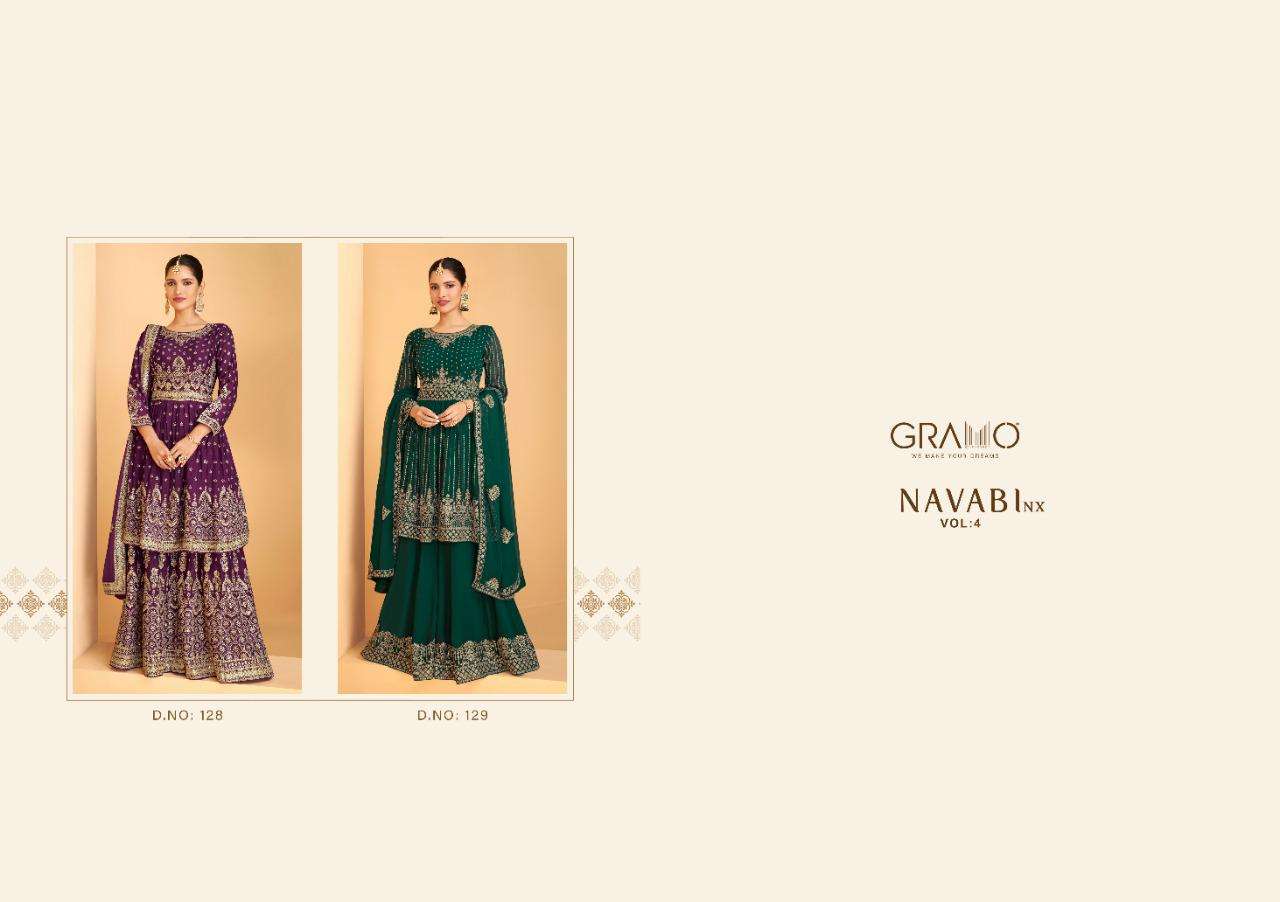 NAVABI VOL-4 NX BY GRAMO 128 TO 129 SERIES BEAUTIFUL STYLISH SHARARA SUITS FANCY COLORFUL CASUAL WEAR & ETHNIC WEAR & READY TO WEAR HEAVY FAUX GEORGETTE EMBROIDERED DRESSES AT WHOLESALE PRICE