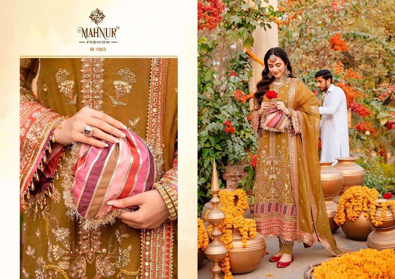 Mahnur Vol-1 By Mahnur Fashion 1001 To 1003 Series Beautiful Pakistani Suits Colorful Stylish Fancy Casual Wear & Ethnic Wear Heavy Georgette Dresses At Wholesale Price