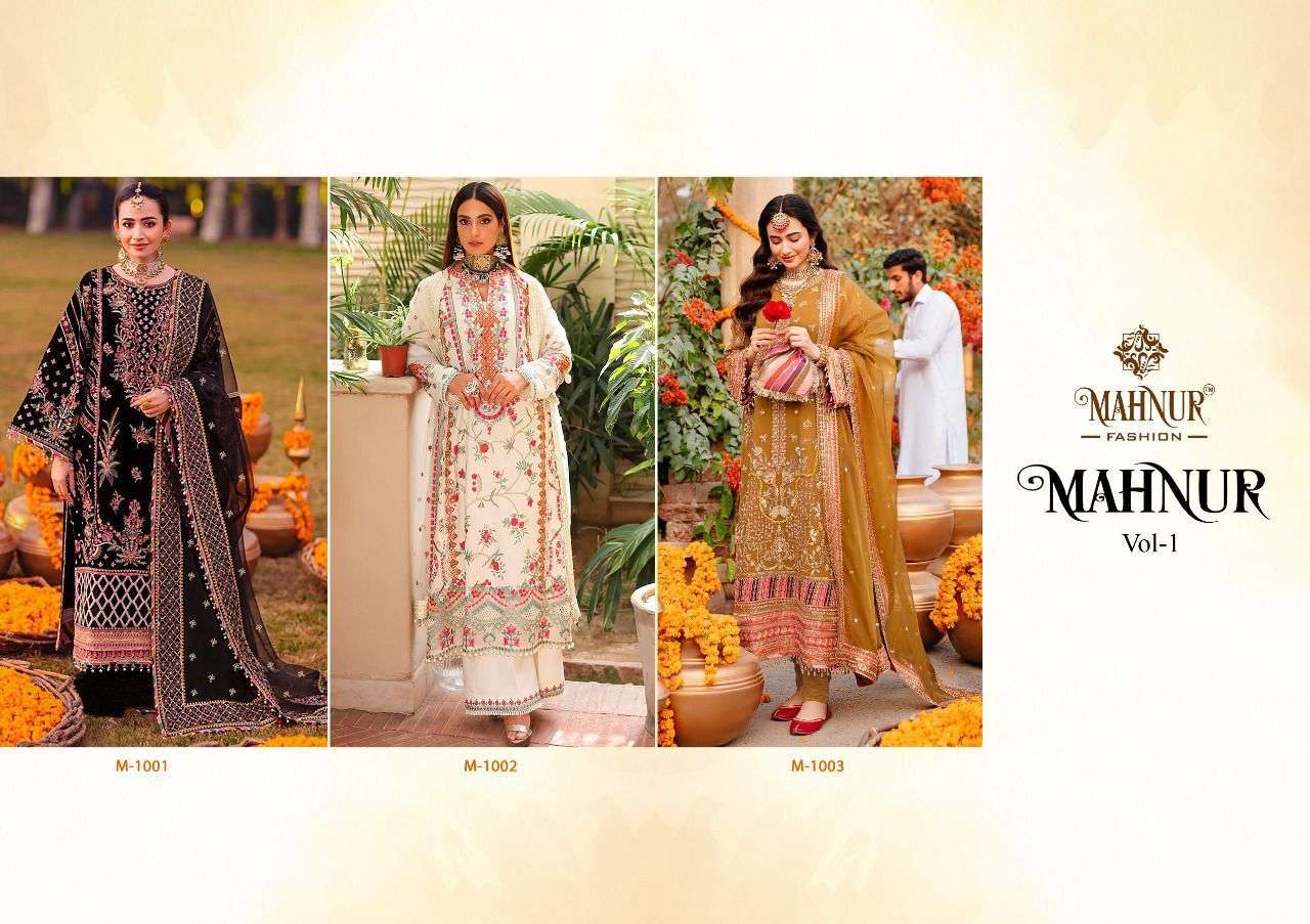 Mahnur Vol-1 By Mahnur Fashion 1001 To 1003 Series Beautiful Pakistani Suits Colorful Stylish Fancy Casual Wear & Ethnic Wear Heavy Georgette Dresses At Wholesale Price