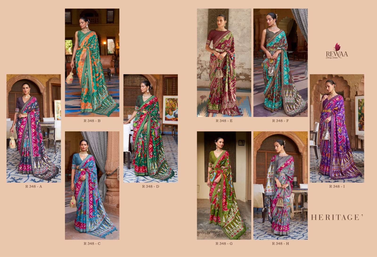 Heritage By Rewaa 348-A To 348-I Series Indian Traditional Wear Collection Beautiful Stylish Fancy Colorful Party Wear & Occasional Wear Pure Silk Sarees At Wholesale Price