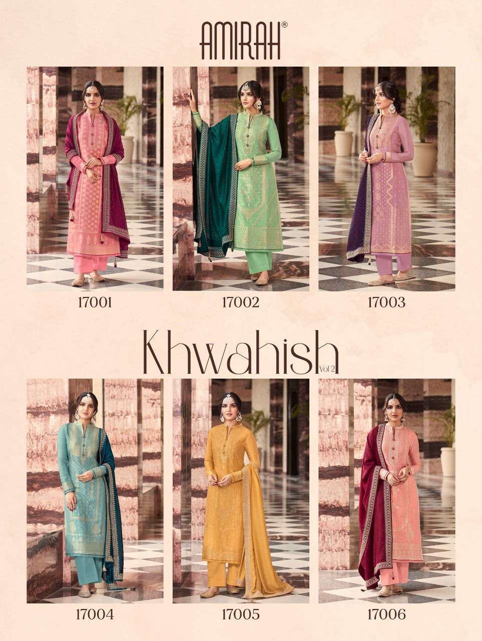 KHWAHISH VOL-2 BY AMIRAH 17001 TO 17006 SERIES BEAUTIFUL STYLISH SUITS FANCY COLORFUL CASUAL WEAR & ETHNIC WEAR & READY TO WEAR DOLA SILK JACQUARD DRESSES AT WHOLESALE PRICE