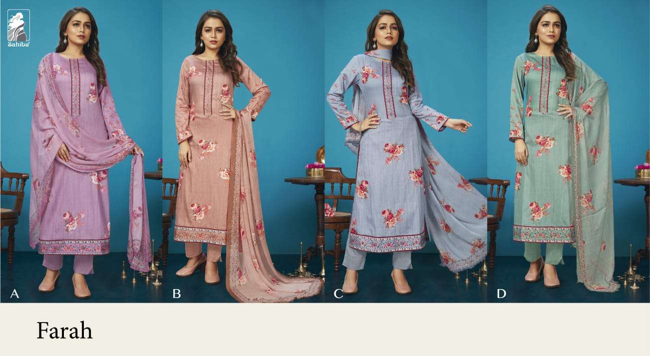 FARAH BY SAHIBA FABRICS A TO D SERIES BEAUTIFUL SUITS COLORFUL STYLISH FANCY CASUAL WEAR & ETHNIC WEAR COTTON SATIN PRINT DRESSES AT WHOLESALE PRICE