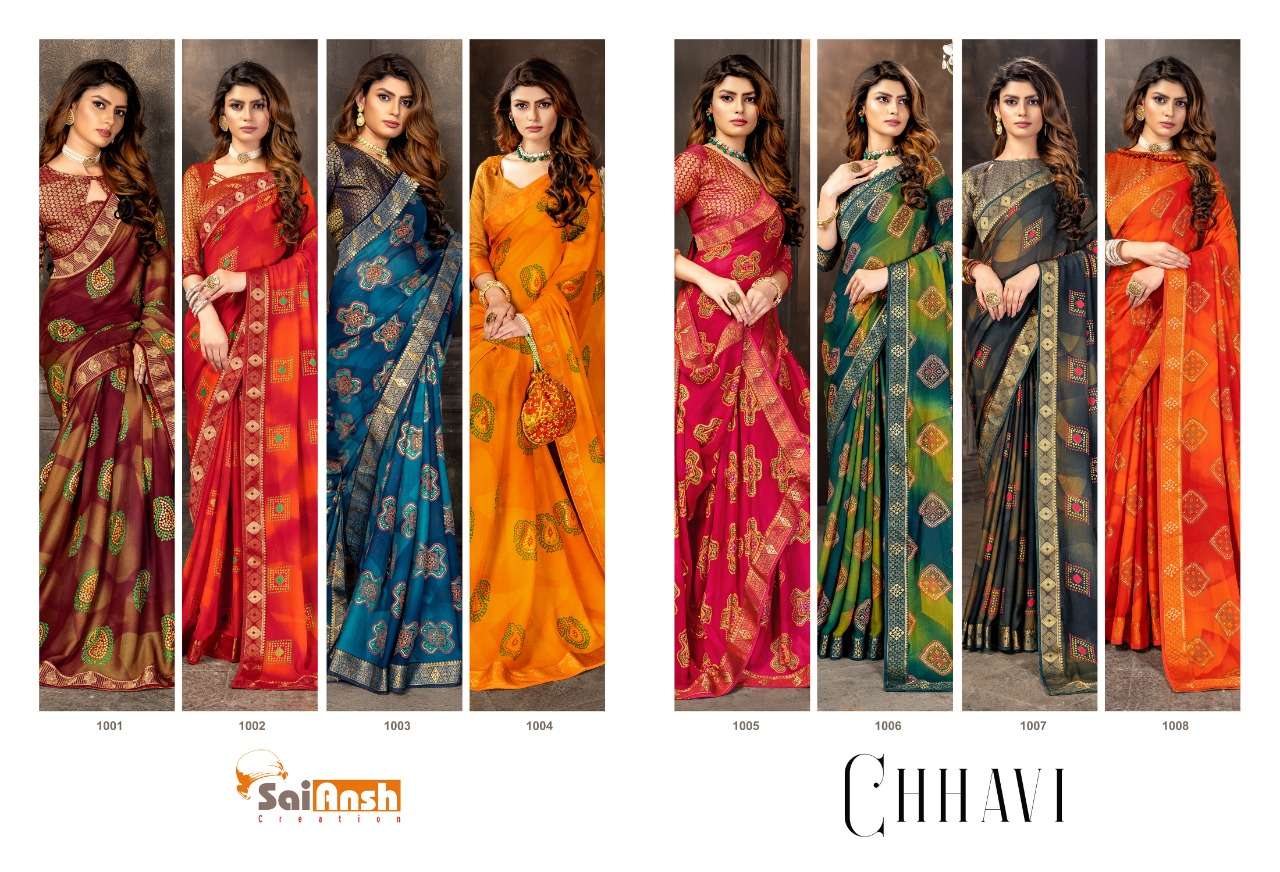 CHHAVI BY SAI ANSH 1001 TO 1008 SERIES INDIAN TRADITIONAL WEAR COLLECTION BEAUTIFUL STYLISH FANCY COLORFUL PARTY WEAR & OCCASIONAL WEAR FANCY SAREES AT WHOLESALE PRICE