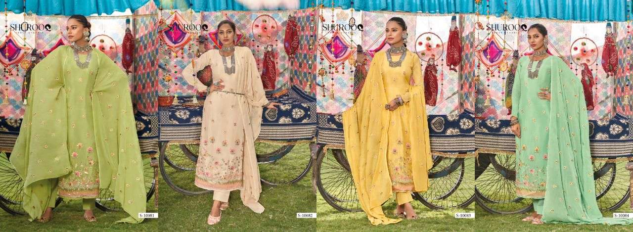SHADIA BY SHUROOQ 10081 TO 10084 SERIES BEAUTIFUL SUITS COLORFUL STYLISH FANCY CASUAL WEAR & ETHNIC WEAR CHINNON DRESSES AT WHOLESALE PRICE
