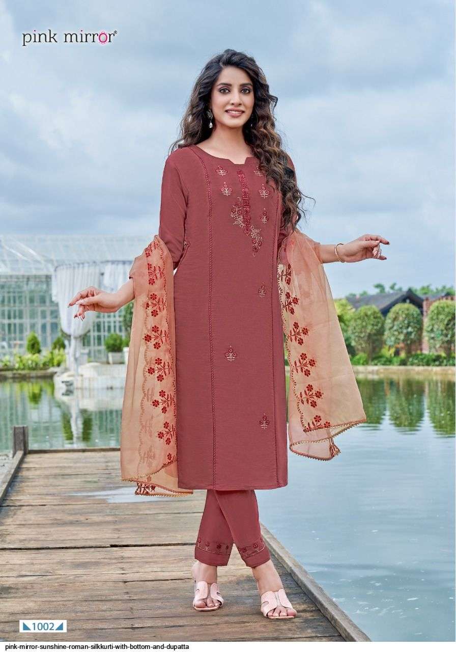 SUNSHINE BY PINK MIRROR 1001 TO 1006 SERIES BEAUTIFUL SUITS COLORFUL STYLISH FANCY CASUAL WEAR & ETHNIC WEAR SILK EMBROIDERED DRESSES AT WHOLESALE PRICE