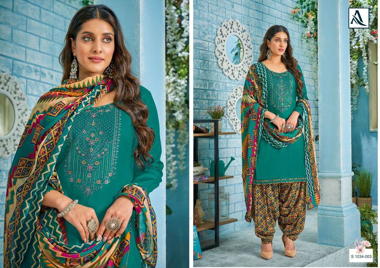 NUSRAT E PATIYALA 1034 SERIES BY ALOK SUITS 1034-001 TO 1034-008 SERIES BEAUTIFUL SUITS STYLISH FANCY COLORFUL CASUAL WEAR & ETHNIC WEAR PURE JAM COTTON EMBROIDERED DRESSES AT WHOLESALE PRICE