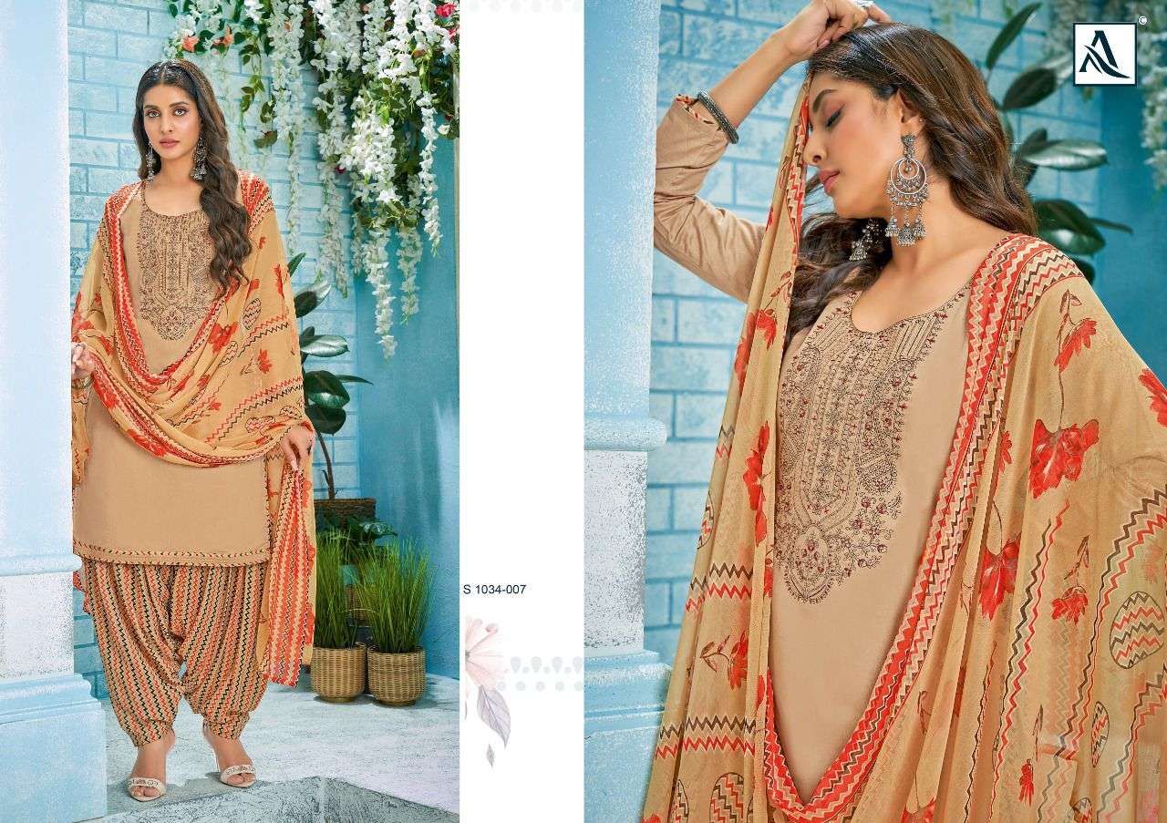 NUSRAT E PATIYALA 1034 SERIES BY ALOK SUITS 1034-001 TO 1034-008 SERIES BEAUTIFUL SUITS STYLISH FANCY COLORFUL CASUAL WEAR & ETHNIC WEAR PURE JAM COTTON EMBROIDERED DRESSES AT WHOLESALE PRICE