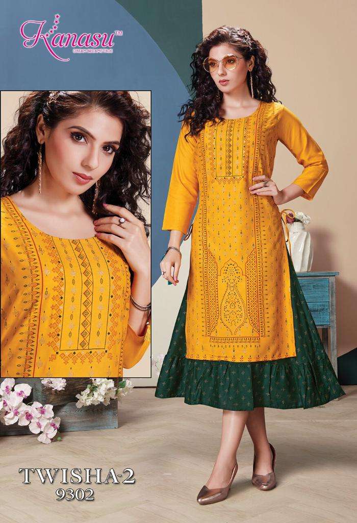 TWISHA VOL-2 BY KANASU 9301 TO 9308 SERIES DESIGNER STYLISH FANCY COLORFUL BEAUTIFUL PARTY WEAR & ETHNIC WEAR COLLECTION PURE RAYON KURTIS AT WHOLESALE PRICE