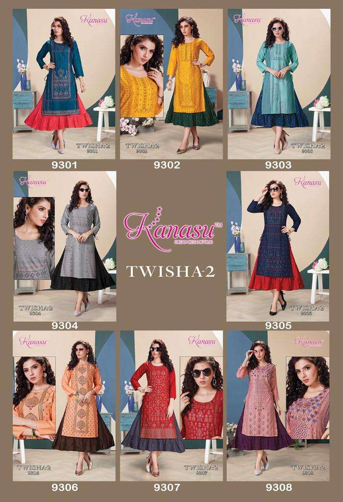 TWISHA VOL-2 BY KANASU 9301 TO 9308 SERIES DESIGNER STYLISH FANCY COLORFUL BEAUTIFUL PARTY WEAR & ETHNIC WEAR COLLECTION PURE RAYON KURTIS AT WHOLESALE PRICE