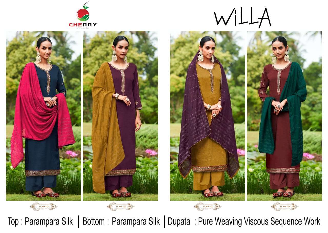 WILLA BY CHERRY 101 TO 104 SERIES BEAUTIFUL SUITS COLORFUL STYLISH FANCY CASUAL WEAR & ETHNIC WEAR PARAMPARA SILK DRESSES AT WHOLESALE PRICE