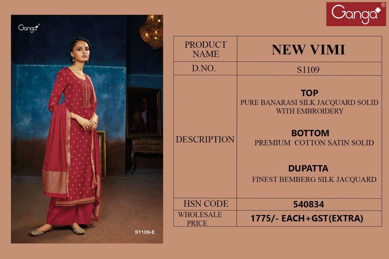 NEW VIMI-1109 BY GANGA FASHION 1109-A TO 1109-H SERIES BEAUTIFUL SUITS COLORFUL STYLISH FANCY CASUAL WEAR & ETHNIC WEAR BANARASI SILK JACQUARD DRESSES AT WHOLESALE PRICE