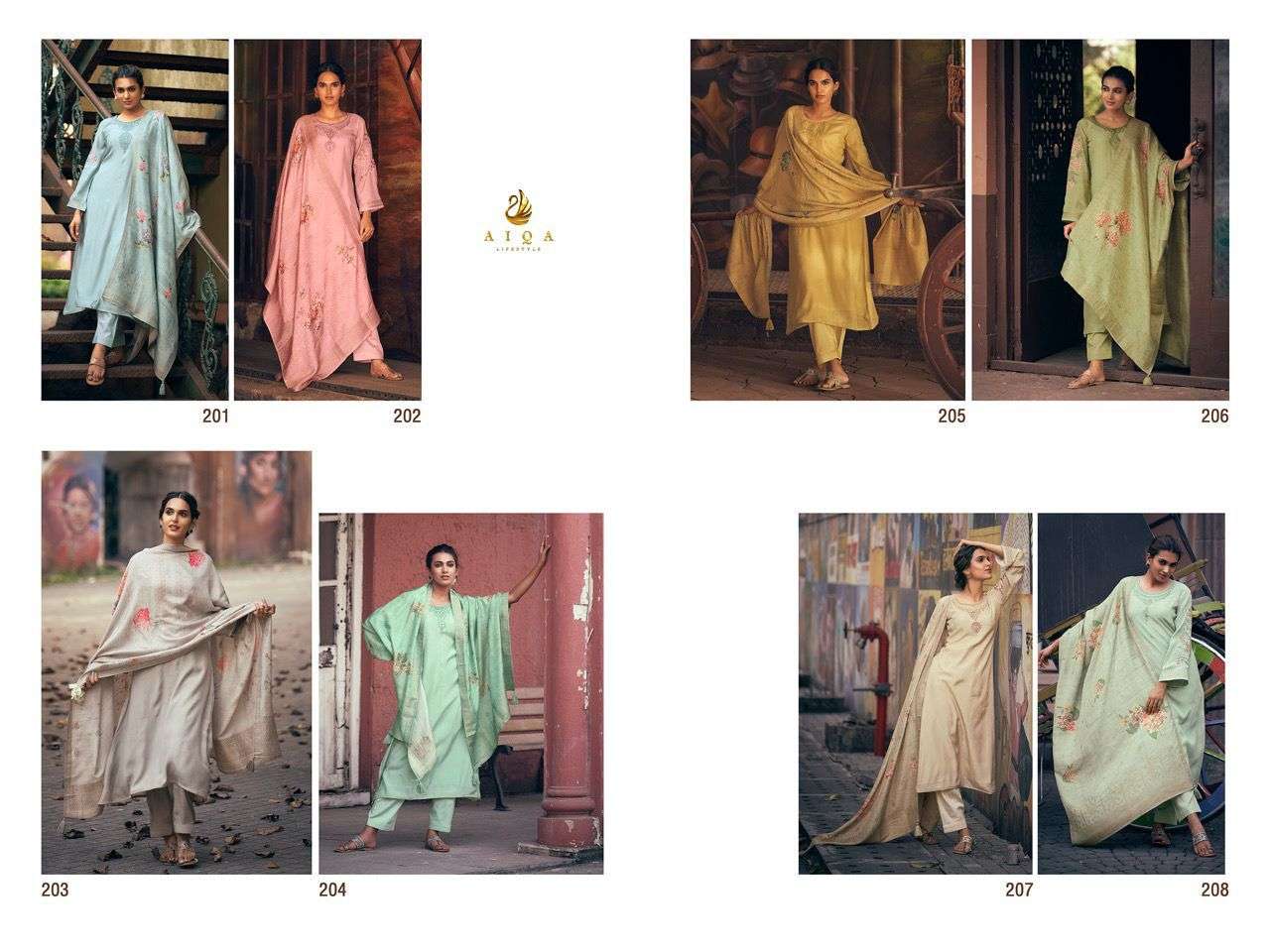 JASHNE ALAM BY AIQA 201 TO 208 SERIES BEAUTIFUL SUITS COLORFUL STYLISH FANCY CASUAL WEAR & ETHNIC WEAR MUSLIN SILK DRESSES AT WHOLESALE PRICE