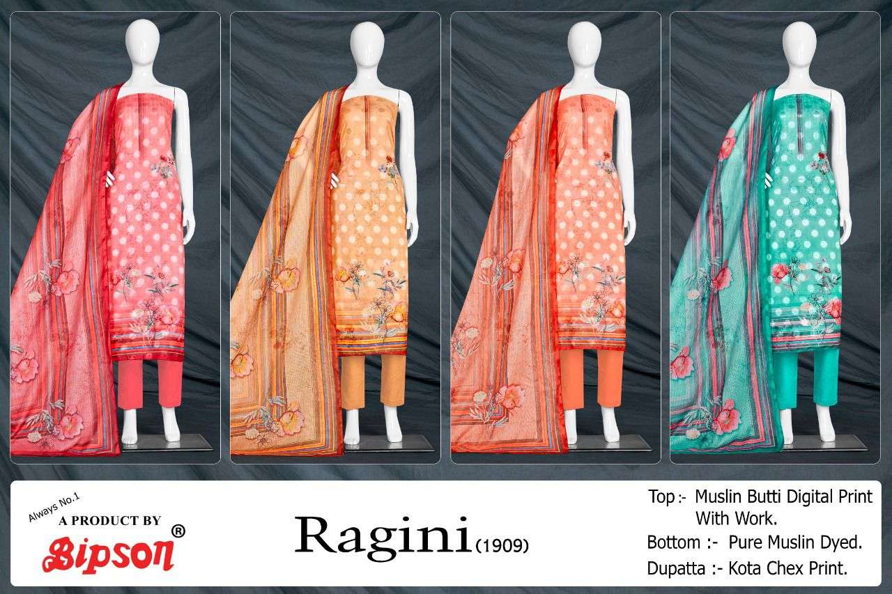 RAGINI 1909 BY BIPSON 01 TO 04 SERIES BEAUTIFUL SUITS COLORFUL STYLISH FANCY CASUAL WEAR & ETHNIC WEAR MUSLIN PRINT DRESSES AT WHOLESALE PRICE