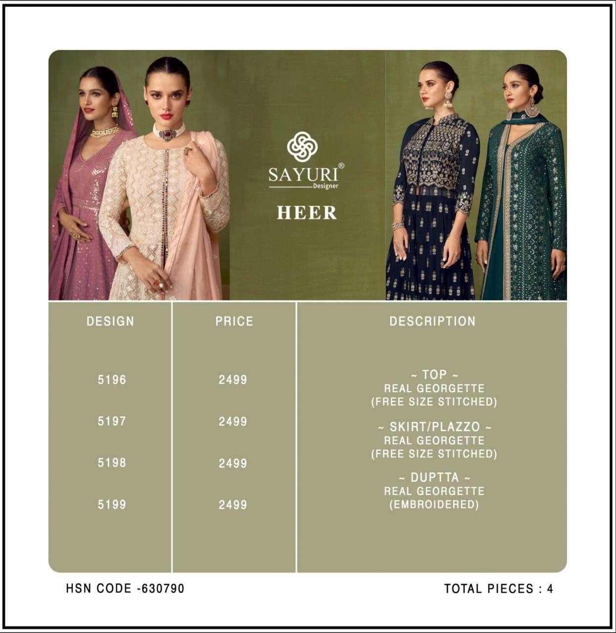 Heer By Sayuri 5196 To 5199 Series Beautiful Suits Colorful Stylish Fancy Casual Wear & Ethnic Wear Georgette Dresses At Wholesale Price