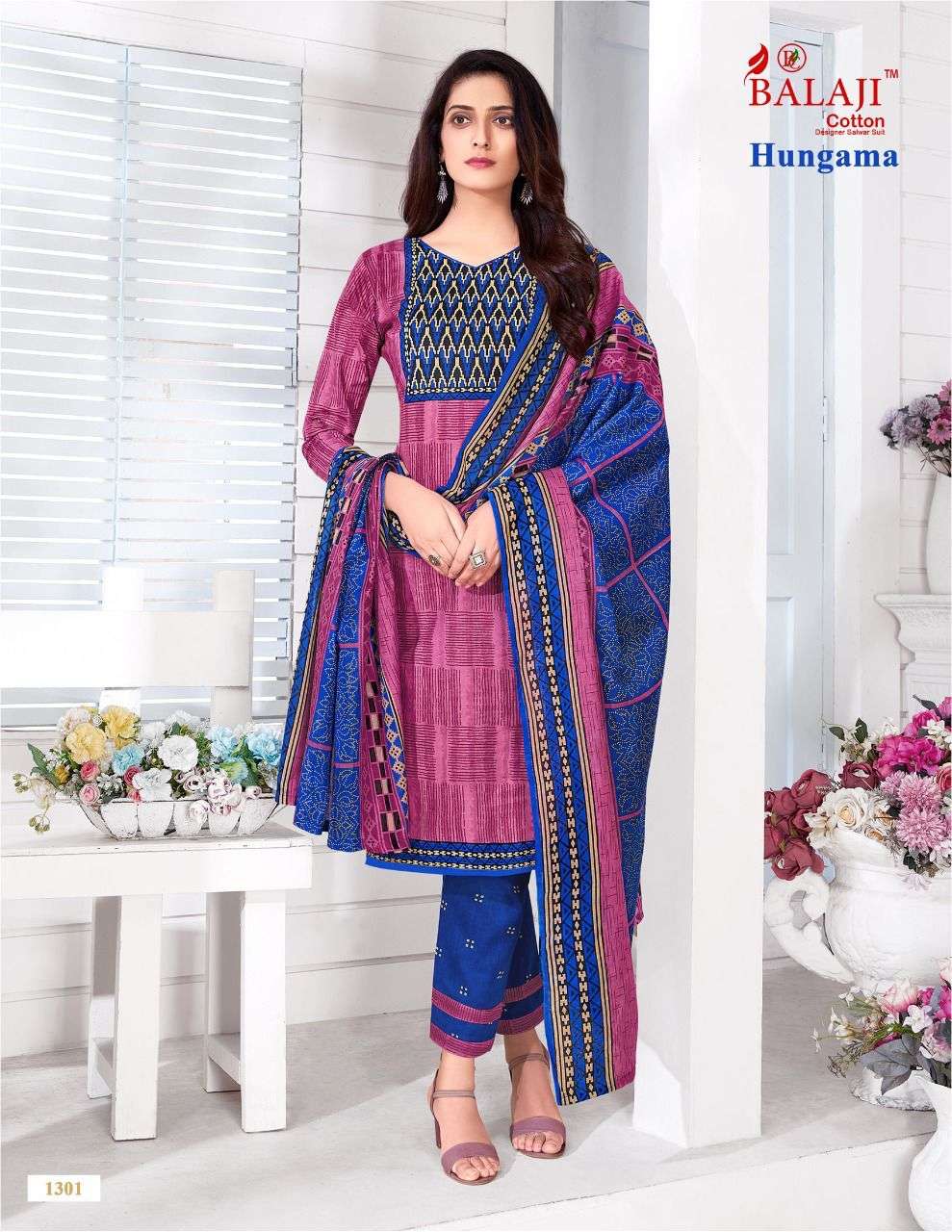 HUNGAMA VOL-13 BY BALAJI COTTON 1301 TO 1310 SERIES BEAUTIFUL SUITS STYLISH FANCY COLORFUL CASUAL WEAR & ETHNIC WEAR COTTON PRINTED DRESSES AT WHOLESALE PRICE
