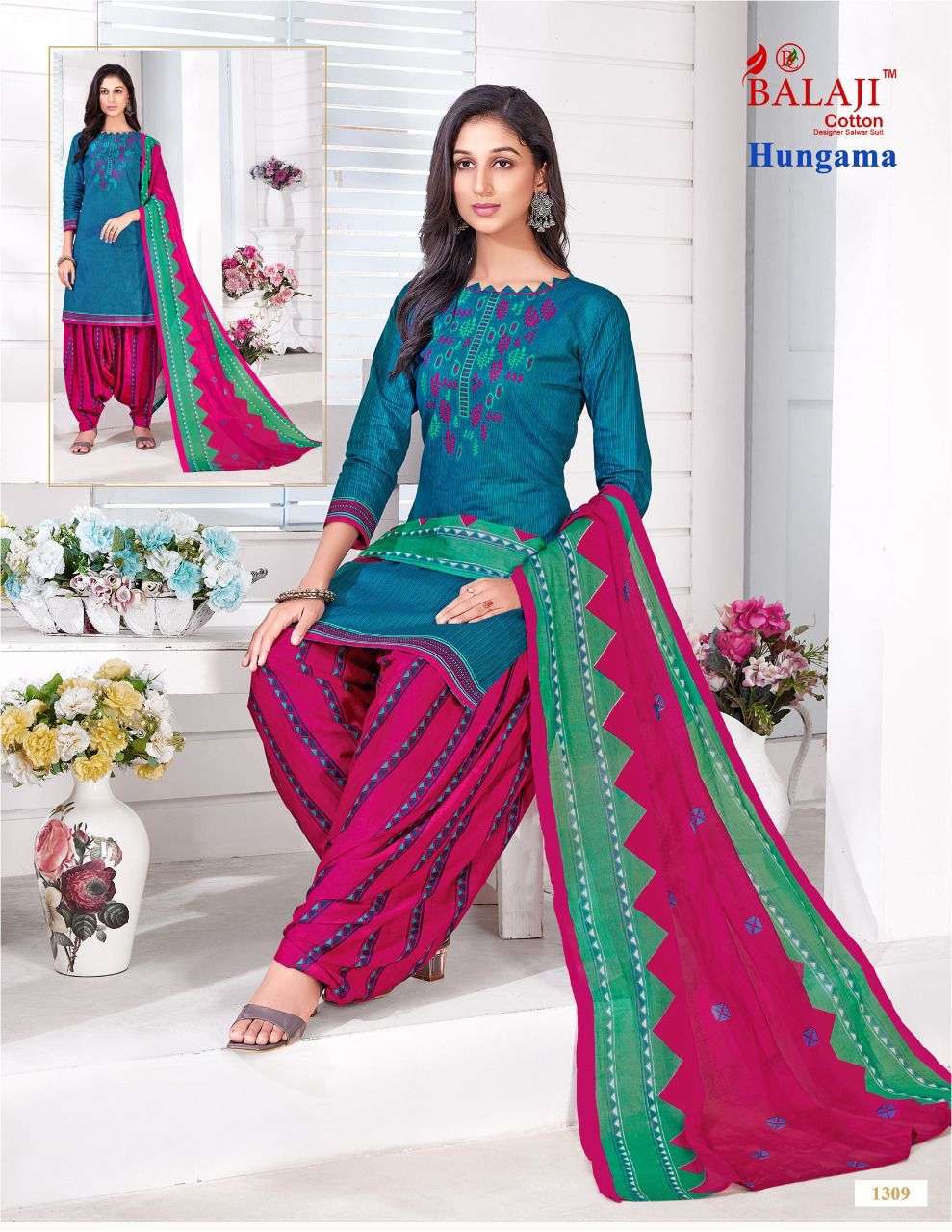 HUNGAMA VOL-13 BY BALAJI COTTON 1301 TO 1310 SERIES BEAUTIFUL SUITS STYLISH FANCY COLORFUL CASUAL WEAR & ETHNIC WEAR COTTON PRINTED DRESSES AT WHOLESALE PRICE