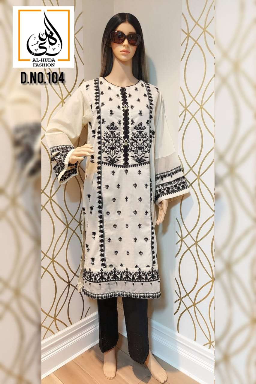 AL HUDA HIT DESIGN 104 BY AL HUDA FASHION DESIGNER PAKISTANI SUITS BEAUTIFUL STYLISH FANCY COLORFUL PARTY WEAR & OCCASIONAL WEAR COTTON EMBROIDERED DRESSES AT WHOLESALE PRICE