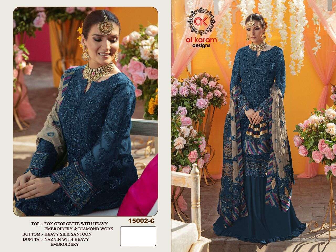 AL KARAM 15002 COLOURS BY AL KARAM DESIGNS 15002-A TO 15002-E SERIES DESIGNER PAKISTANI SUITS BEAUTIFUL STYLISH FANCY COLORFUL PARTY WEAR & OCCASIONAL WEAR HEAVY GEORGETTE EMBROIDERED DRESSES AT WHOLESALE PRICE