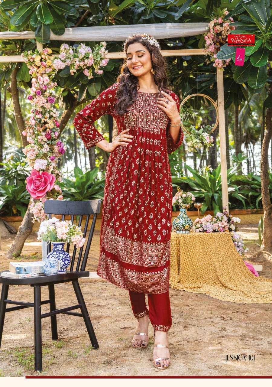 JESSICA BY WANNA 101 TO 106 SERIES DESIGNER STYLISH FANCY COLORFUL BEAUTIFUL PARTY WEAR & ETHNIC WEAR COLLECTION PURE RAYON KURTIS WITH BOTTOM AT WHOLESALE PRICE